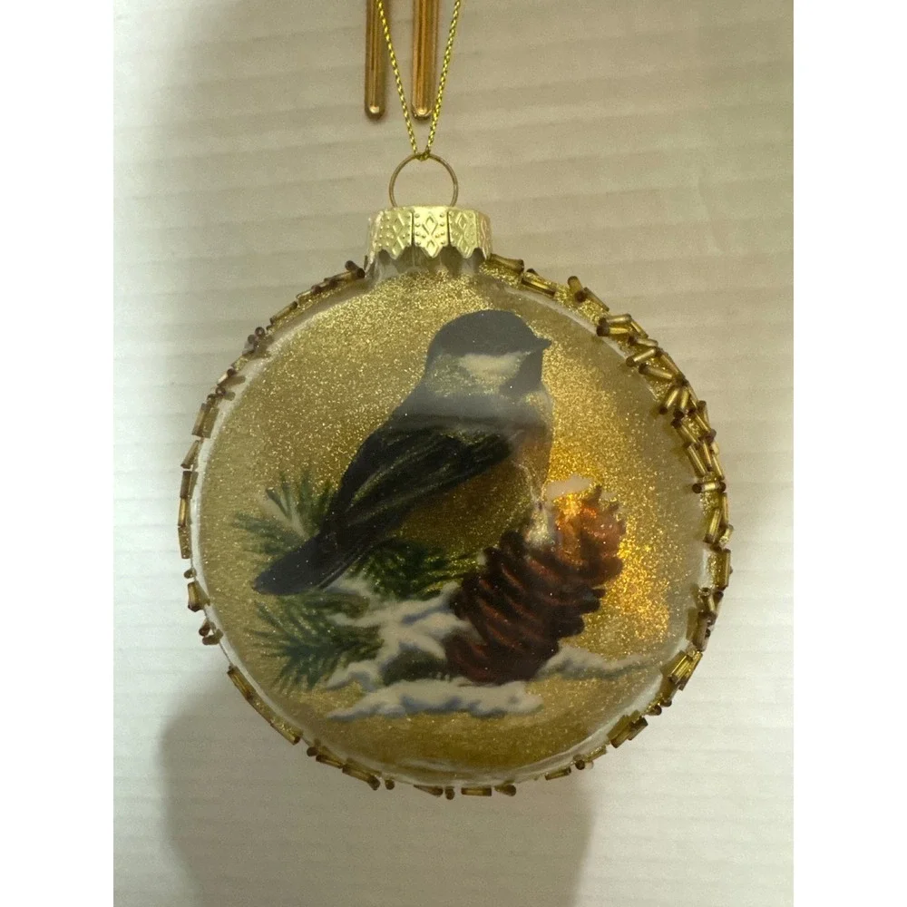 Gold Chickadee Bird Glass Disc Christmas Ornament Beaded Edge Pinecone Winter